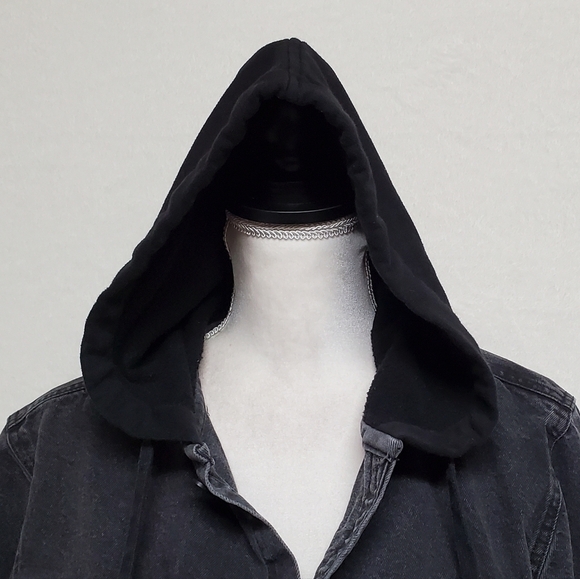 VINTAGE 80s Black Denim Contrast Hood Long Sleeve Button Up Grunge Jacket Medium - Picture 5 of 12